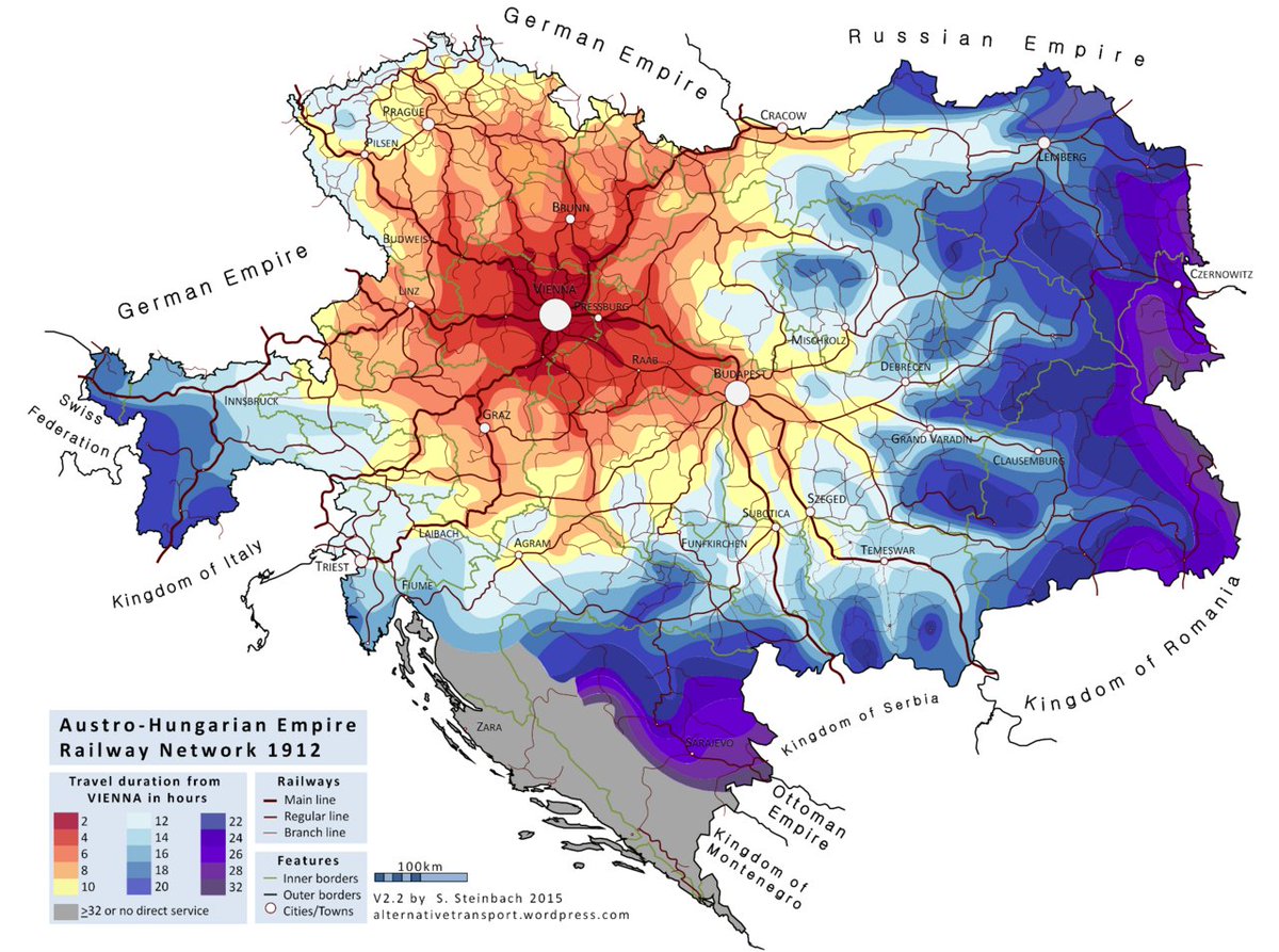 Travel Times From Vienna To The Rest Of The Austro-Hungarian Empire In 1912

More about the map: brilliantmaps.com/travel-times-v…