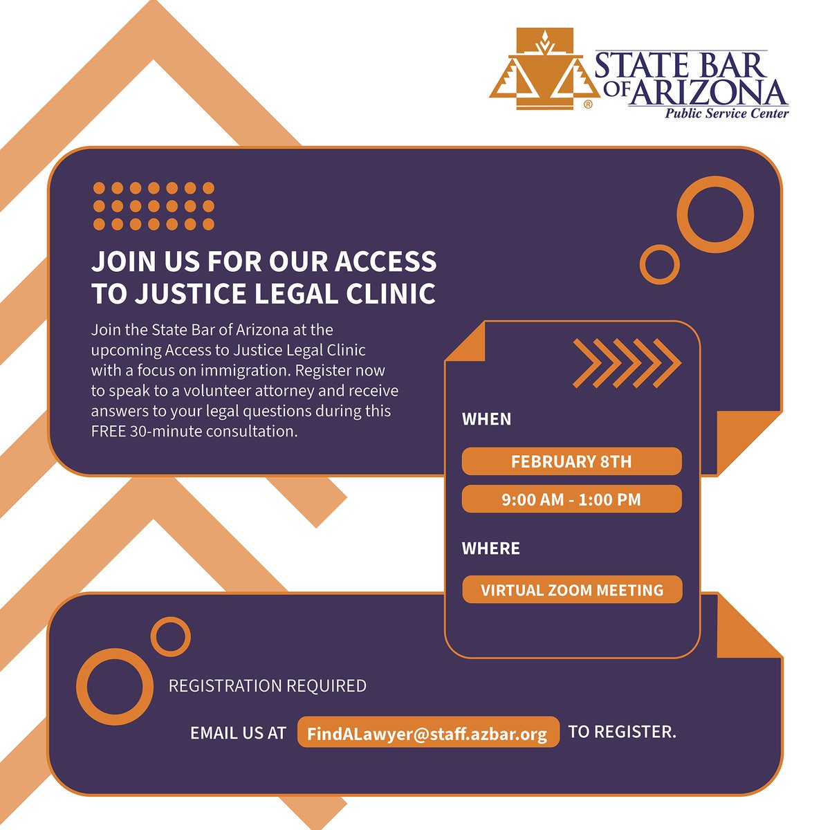 State Bar of Arizona (@azstatebar) on Twitter photo Our February Access to Justice Legal Clinic is here! This month, we're focusing on Immigration. Volunteer attorneys will offer FREE 30-minute virtual consultations to help with your legal questions. To register, e-mail us at findalawyer@staff.azbar.org. Our February Access to Justice Legal Clinic is here! This month, we're focusing on Immigration. Volunteer attorneys will offer FREE 30-minute virtual consultations to help with your legal questions. To register, e-mail us at findalawyer@staff.azbar.org.