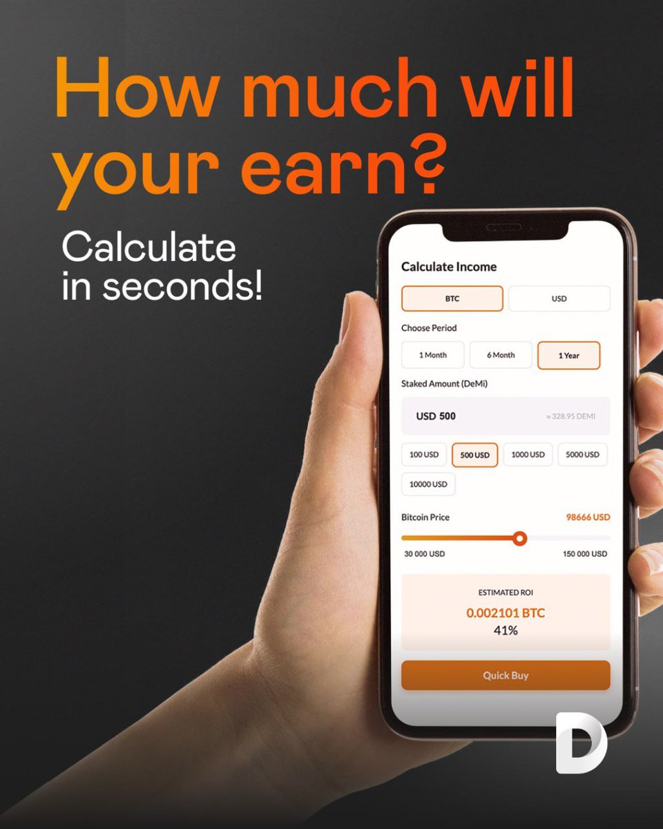 DeMi_Mining's tweet photo. 🔥How much will your investment earn? Calculate in seconds!

With our ROI calculator on https://t.co/4f8RorzM9l you can quickly and accurately estimate your potential return on investment in DeMi.

1. Select a period: 1 month, 6 months, or 1 year
2. Enter your staking amount in USD
3. Adjust the Bitcoin price slider for precise forecasting

Try it now and see your potential earnings instantly!

#DeMiToken #BTC #MiningRewards #Investments #Technology #Blockchain #Transparency #Security #Cryptocurrency #SmartContracts #Decentralization