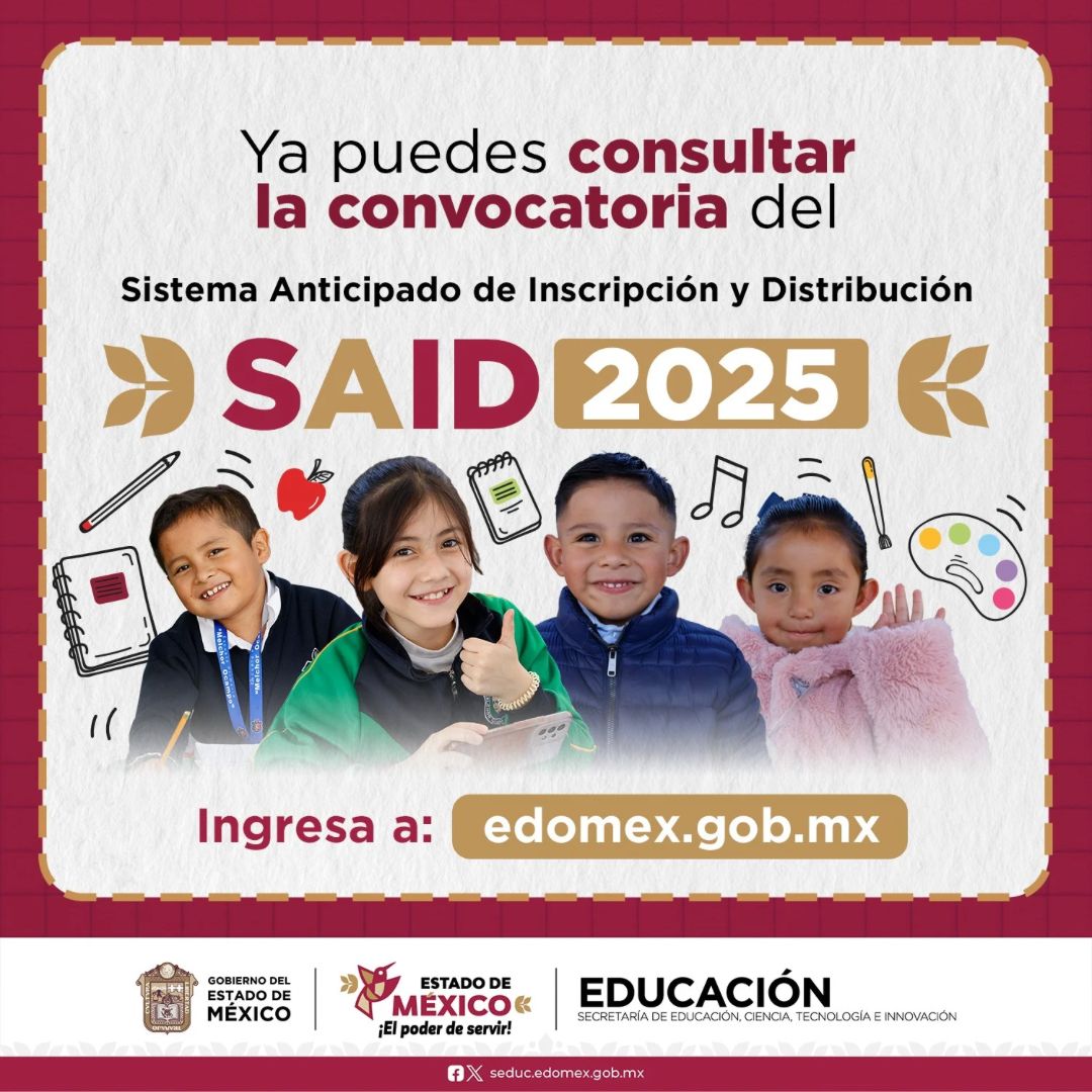 CecytemTequix's tweet photo. A través del #SAID2025 garantizas un lugar para que tus hijas e hijos cursen la #EducaciónBásica. Ya comienza el proceso de preinscripciones para primer ingreso a escuelas públicas estatales y federalizadas.

@Edomex
@SeducEdoMex https://t.co/MKW7mvw0qn
