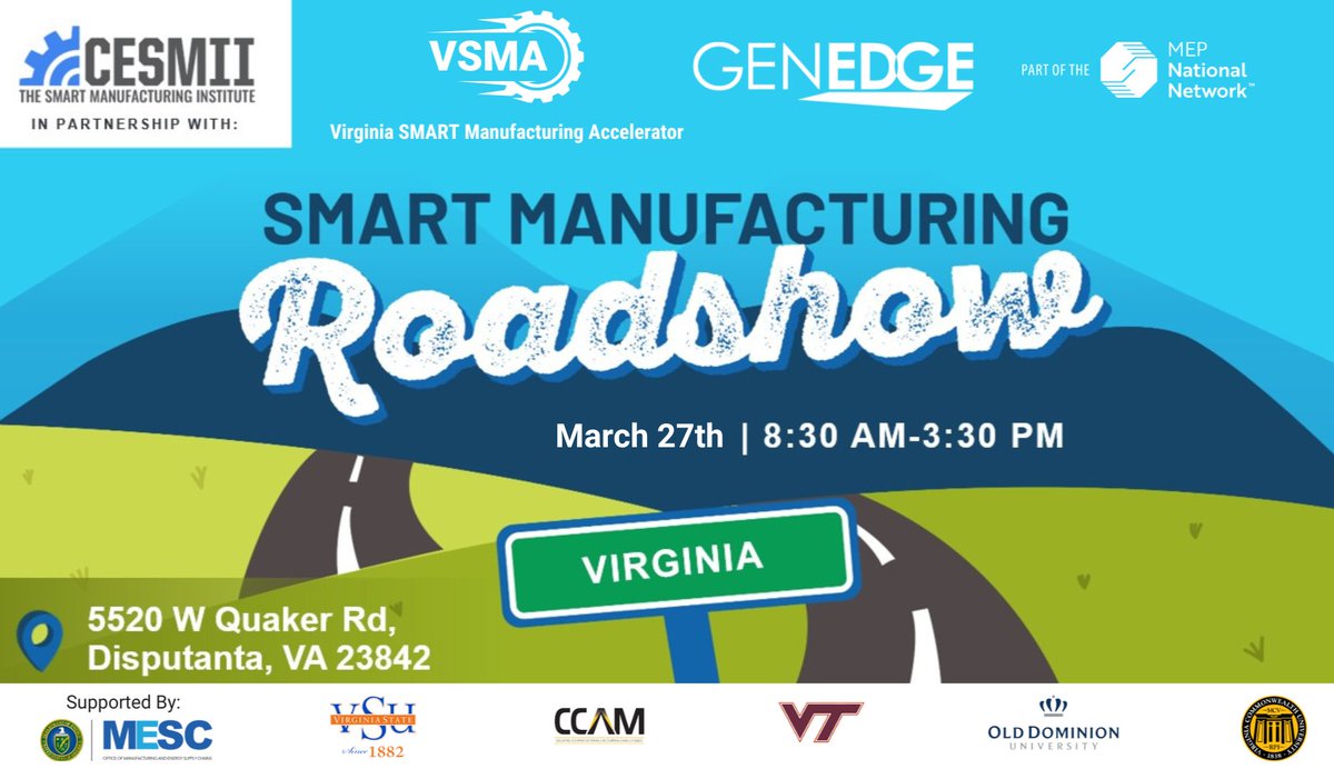 genedgealliance's tweet photo. Save The Date! On Thursday, March 27th, VSMA will host a #SmartManufacturing Roadshow with @CESMII_SM at @CCAMVA. The event will include exciting speakers, showcases of SM technology, #breakoutsessions, a facility tour, and more! Stay tuned for details on how you can register. https://t.co/drCRCfQ50j
