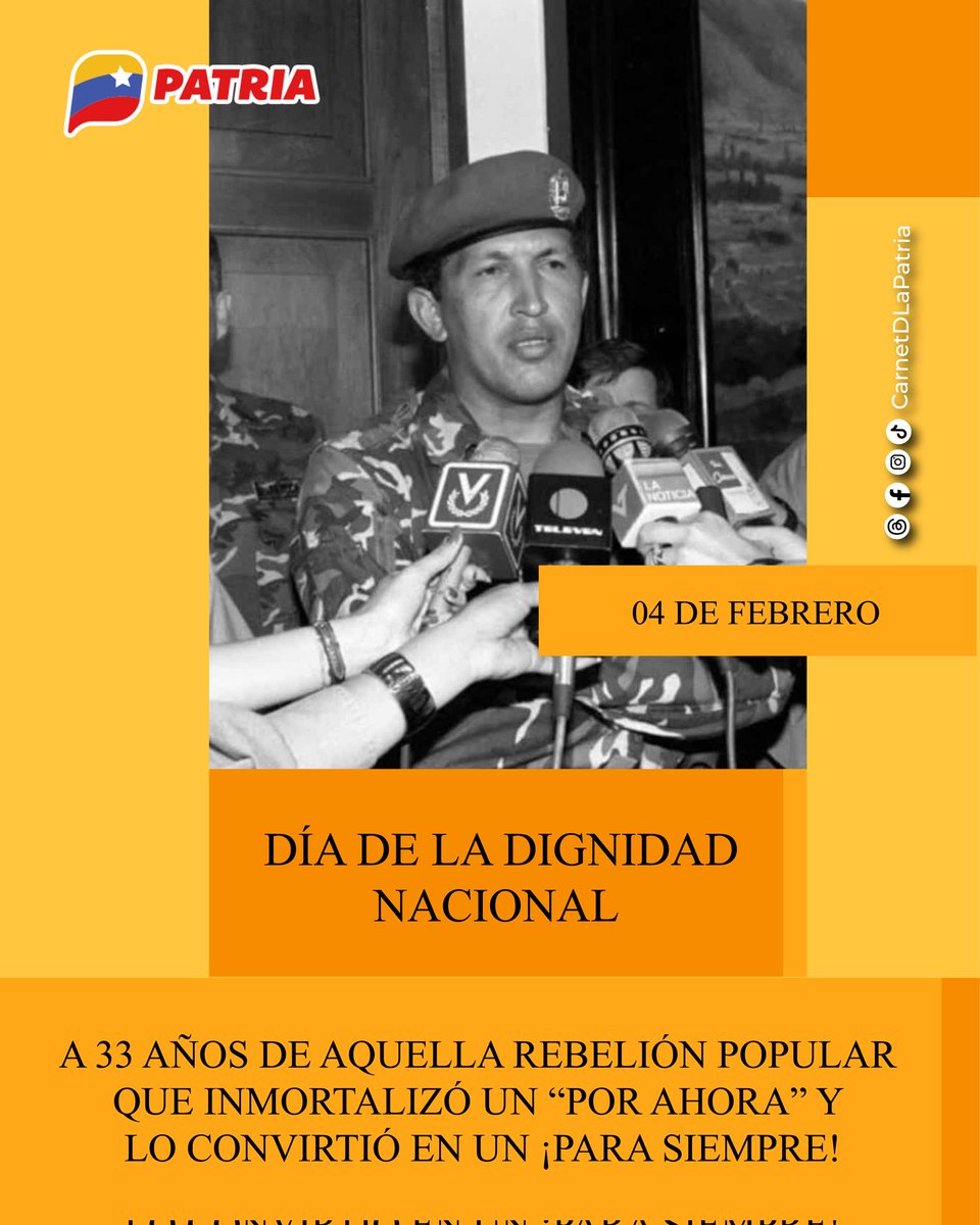 A 33 años de aquella Rebelión Popular que inmortalizó un "Por ahora" y lo convirtió en un ¡Para siempre! El #SistemaPatria junto a las y los venezolanos, conmemoramos aquel glorioso #4Feb de 1992.
¡Chávez vive!