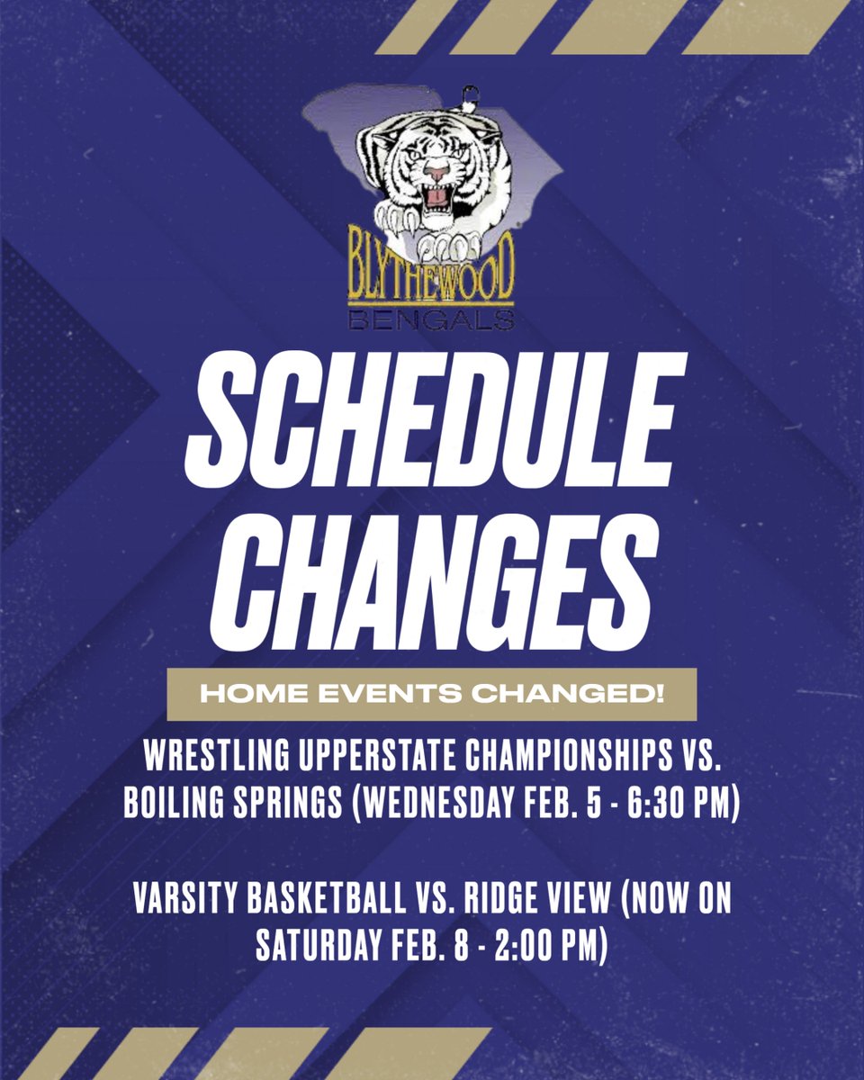 Our wrestling team will host the Upperstate Championship match on Wednesday Feb. 5!  Come out to support our Bengals!

The varsity basketball games against Ridge View have been rescheduled for Saturday Feb. 8 at 2:00 pm.  #BengalPride