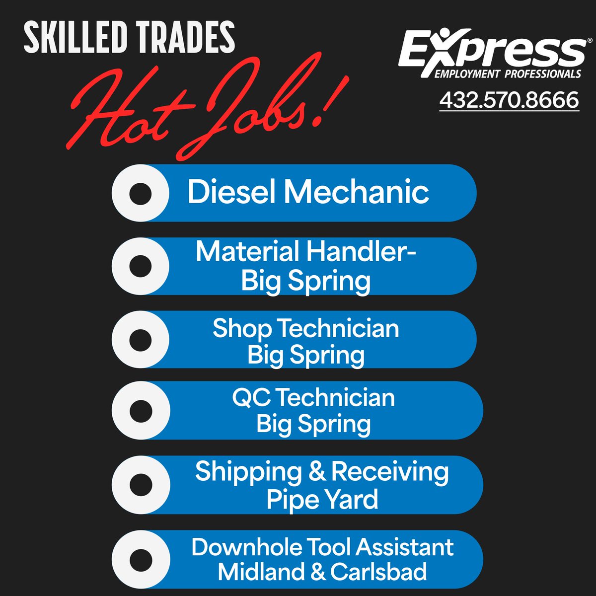 Check out our Hot Jobs for Skilled Trades this week!
To find out more information, contact ExpressPros at 432.570.8666 or apply online at expresspros.com/midland.

Follow us on Facebook for Hot Jobs and Upcoming Job Fairs!