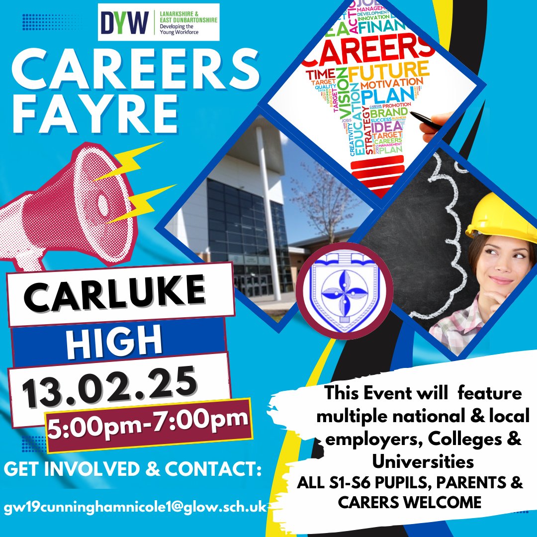 <a href="/CarlukeHS/">Carluke High School</a> is holding a Careers Fayre to help prepare our young people for their future. ✅
We are inviting Colleges, Universities, employers, &amp; partners to attend.✅️
Get involved &amp; contact the DYW team Nicole Cunningham on 01555 773680 or 📧gw19cunninghamnicole1@glow.sch.uk1👈🏻