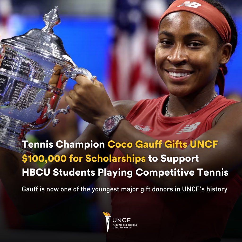 Coco 👏🏾Gauff 👏🏾 One of the youngest major gift donors in UNCF’s history!
 
<a href="/CocoGauff/">Coco Gauff</a> continues to make history on the court &amp; off the court! Her $100,000 donation to UNCF will impact the lives of HBCU students aspiring to excel in competitive tennis. Thank you, Coco! #BHM