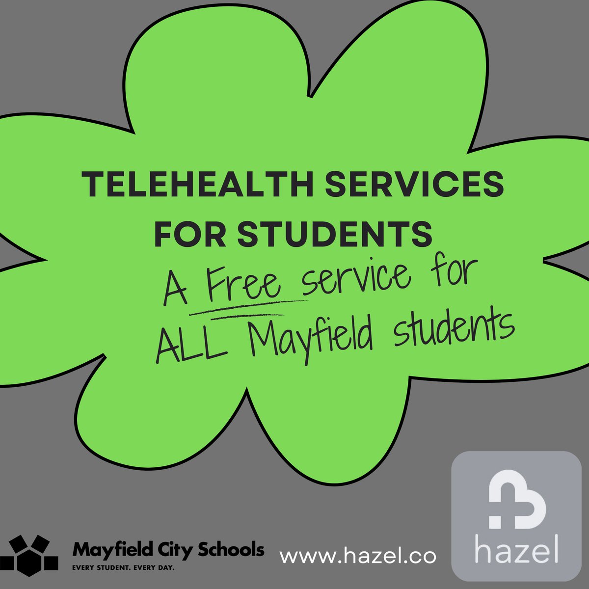 STUDENT MENTAL HEALTH:  Free telehealth services to support student mental health now available.
We are proud to announce a new partnership with Hazel Health, a confidential telehealth service available to all Mayfield students, beginning February 3, 2025. #mychoicemayfield