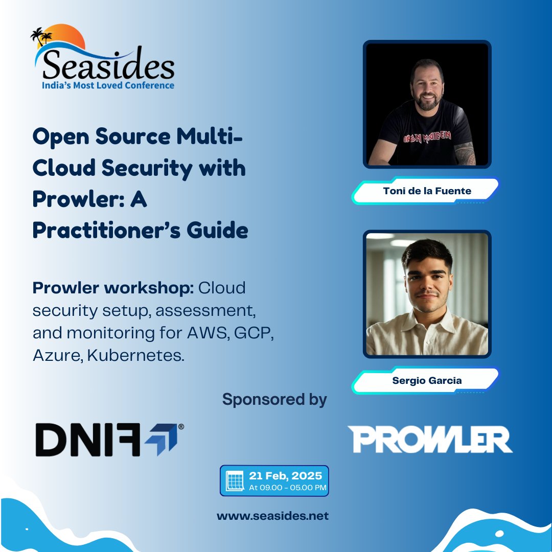 Seasides (@seasides_conf) on Twitter photo We’re excited to feature a must-attend talk at Seasides Conference:
Open Source Multi-Cloud Security with Prowler by <a href="/ToniBlyx/">Toni de la Fuente</a> & <a href="/MrCloudSec/">Sergio Garcia ☁️🔑</a>
Info:
seasides.net/open-source-mu… We’re excited to feature a must-attend talk at Seasides Conference:
Open Source Multi-Cloud Security with Prowler by <a href="/ToniBlyx/">Toni de la Fuente</a> & <a href="/MrCloudSec/">Sergio Garcia ☁️🔑</a>
Info:
seasides.net/open-source-mu…