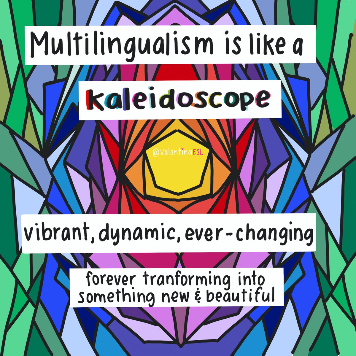 ValentinaESL's tweet image. #Multilingualism is like a kaleidoscope, vibrant, dynamic, ever-changing, &amp;amp; forever transforming into something new &amp;amp; beautiful. As new #languages are added, additional layers of complexity are created. The possibilities are endless. #teachingideas #teachingkids

❤️💙💜💛💚🧡🩷🩵