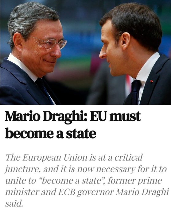 CarineKnapen's tweet photo. Mario Draghi ( IT ), voormalig premier van Italië ( voor 1 jaar ) en voormalig voorzitter van de ECB vindt dat het tijd wordt dat de EU één staat wordt.
Met andere woorden, de 27 lidstaten moeten voor hem ophouden te bestaan ... https://t.co/oEMoVueVyI
