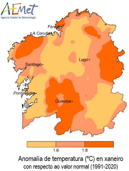 AEMET_Galicia's tweet photo. 🌡️ Xaneiro 2025 en Galicia foi moi cálido, cunha anomalía de temperatura de +1.6 ºC; o terceiro máis cálido da serie desde 1961, por detrás dos xaneiros de 2024 e de 1966. https://t.co/CrrPczptyS