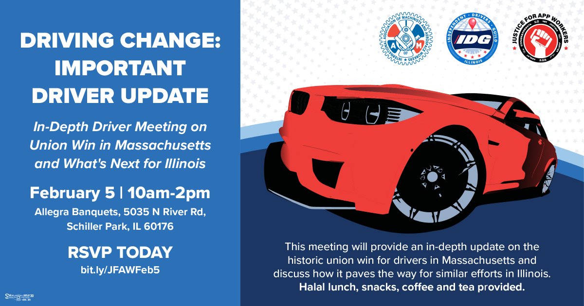 DrivingGuildIL's tweet photo. TOMORROW: Illinois drivers, don’t miss this key meeting.
Feb 5 | 10 AM - 2 PM
Allegra Banquets, Schiller Park
Learn how the MA union win impacts IL drivers, take action for fair pay and protections, and enjoy lunch.
RSVP: https://t.co/e1ExwG8dxZ https://t.co/1jJuHKwelf