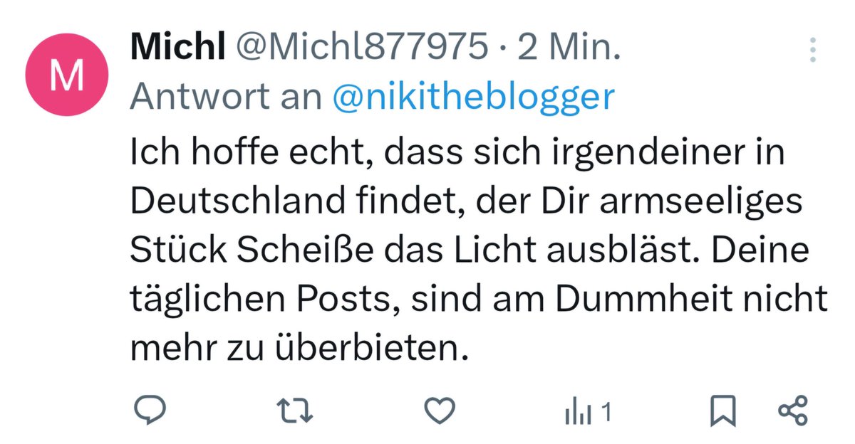 Mir fehlen gerade die Worte: Ein offener Aufruf, mich zu töten, wenige Wochen vor der Wahl?
Ist das heute normal sowas zu bekommen, wenn man sich mit Reichweite pro AfD äußert?
Ich lasse mich nicht einschüchtern!