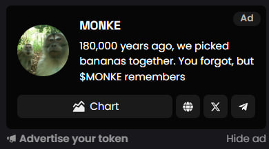 MonkeofSol's tweet photo. $MONKE is now advertised on Dexscreener 

Go Go $MONKE 🍌
$MONKE is probably the next Apple Dog https://t.co/55Wy6upXRT