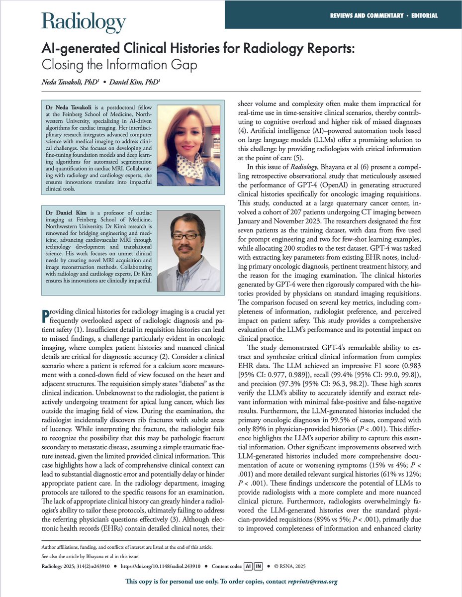🚨 Excited to share our latest publication in the highly prestigious journal Radiology! 🚨

📖 "AI-generated Clinical Histories for Radiology Reports: Closing the Information Gap"

Proud to collaborate with Dr. Daniel Kim! 🚀🔬

#AI #Radiology #NURadiology