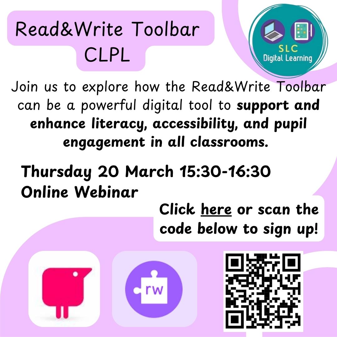 SLC Digital Learning (@slcdigitaled) on Twitter photo Read & Write Toolbar CLPL Session
20th March 2025 15:30-16:30 (online)
Looking to make better use of digital accessibility tools?
Come and join the team from <a href="/texthelp/">Everway (Formerly Texthelp)</a> to explore how this transformational tool can support ALL learners.
Sign up here: forms.gle/t1E2TukffAa4Ju… Read & Write Toolbar CLPL Session
20th March 2025 15:30-16:30 (online)
Looking to make better use of digital accessibility tools?
Come and join the team from <a href="/texthelp/">Everway (Formerly Texthelp)</a> to explore how this transformational tool can support ALL learners.
Sign up here: forms.gle/t1E2TukffAa4Ju…