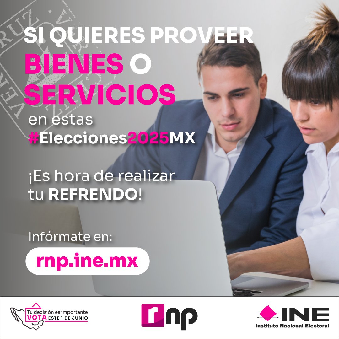 INEMexico's tweet photo. Si eres proveedora o proveedor de bienes o servicios para #PartidosPolíticos o candidaturas independientes en las #Elecciones2025MX, realiza tu refrendo en el #RNP. 🗳️

📆 Disponible hasta el 28 de febrero de 2025. ¡Es fácil y rápido!

🔗 Infórmate en: https://t.co/qsiSzSHTWG https://t.co/FEiLstuCEA