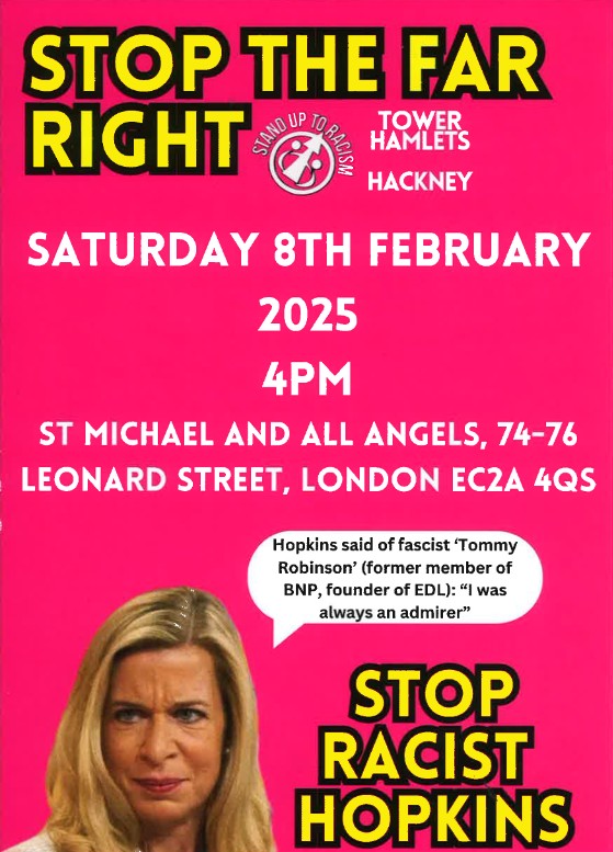 TODAY: Racist hate preacher Kate Hopkins will be in Shoreditch on Saturday, 8 February speaking at an event hosted by supporters of Donald Trump and "Tommy Robinson".
Please join the counter-protest to this vile racist scum-bag.
The East-End is anti-racist.
#NeverAgain