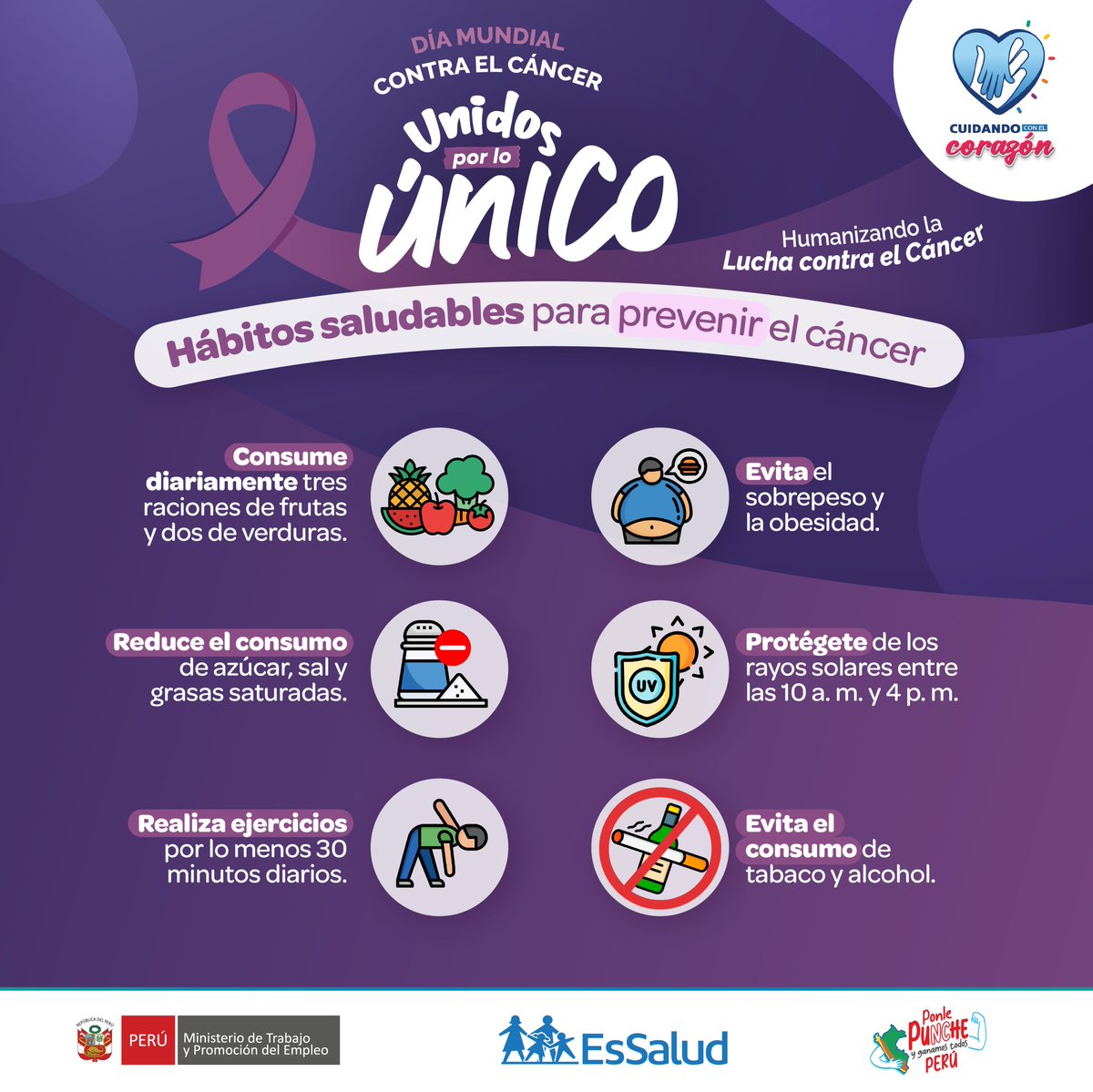 ¡Atención! Conoce y adopta hábitos saludables para prevenir el cáncer:

🍏 Consume frutas y verduras a diario.
🚫 Reduce el consumo de azúcar, sal y grasas saturadas.
🏃‍♂️ Realiza al menos 30 minutos de ejercicio al día.
☀️ Protégete de la exposición solar entre las 10 a. m. y 4 p.