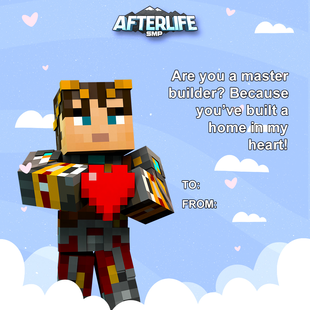 Remember exchanging Valentines in school? 💌 Well, we’re bringing that back Minecraft style!

👀 Check out the first batch of #AfterLifeSMP Valentine Cards, featuring some of your fav members! 🥰 Who deserves a special card from you? 💕💕

#Minecraft #MinecraftSMP #ValentinesDay