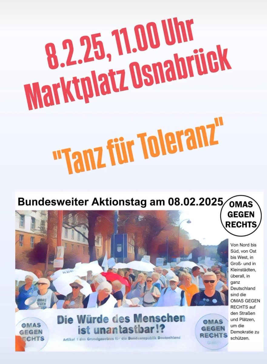NOPegidaOS's tweet photo. Tanzende Omas statt hetzende AfD!

Die AfD #Osnabrück hat ihre Veranstaltung am 8.2. vor dem Theater abgesagt 🥳 Stattdessen tanzen die #omasgegenrechts auf dem Marktplatz. Haltet trotzdem die Augen auf, falls die #noafd wo anders auftaucht. #protestwirkt https://t.co/cBPAF2WkF6