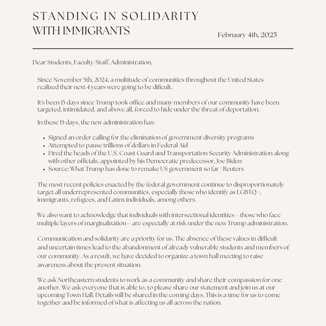 llacs_nu's tweet photo. *Repost from NU LASO - 
"To our community,

Please take a moment to read our Statement of Solidarity and join us at our Town Hall. Details to come.

We need communication. We need to gather. We need to educate ourselves to learn how to become leaders in our community. https://t.co/uCtdxpYrAm