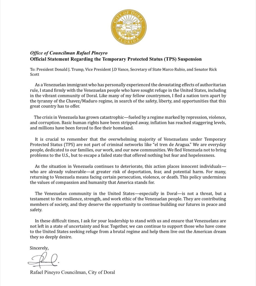 Rafaelpineyro's tweet image. Stay informed! Read my official statement on the TPS suspension. #TPS #CommunityUpdate #StayInformed #Doral #CityofDoral #Venezuela