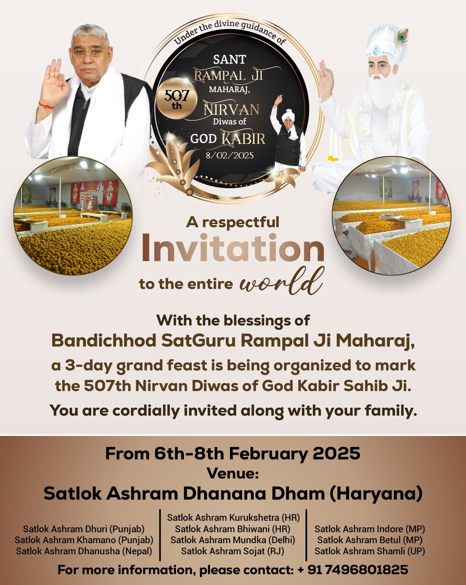 With the blessings of Sant Rampal Ji Maharaj, a 3-day grand Bhandara is being organized from 6th to 8th February 2025 to mark the 5. #निमंत्रण_संसारको_सम्मानकेसाथ 4Days Left For Nirvan Diwas