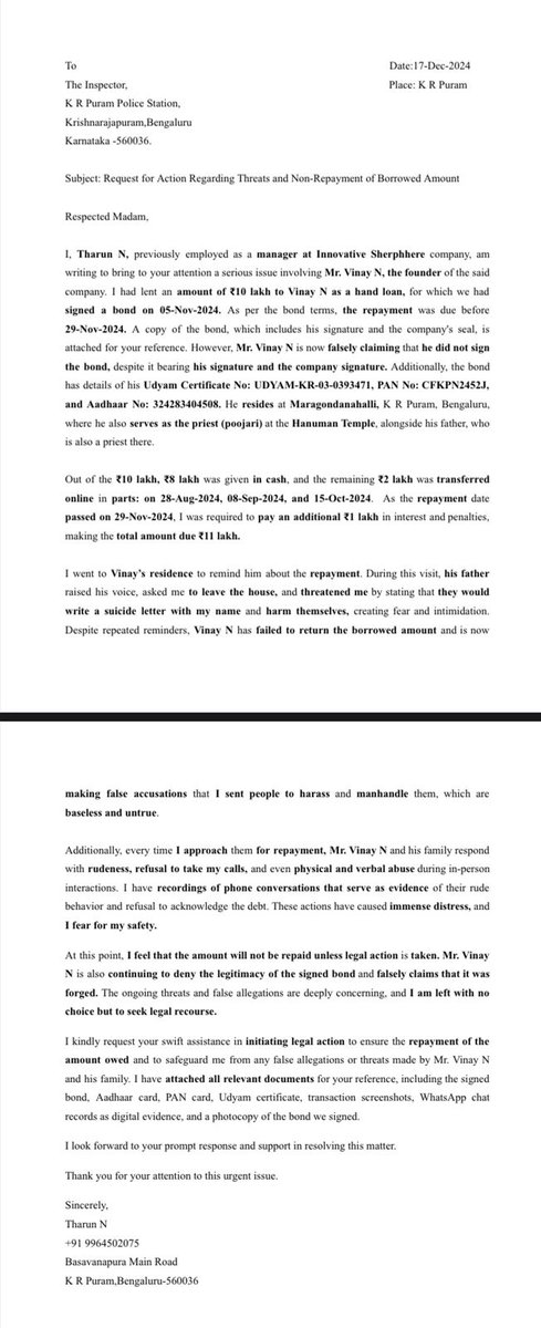 Tharun (@tharunyadav5473) on Twitter photo Defrauded of 10 Lakhs by Vinay.N , who refuses to repay and denies signing bond. K.R. Puram Police gave NCR, not FIR. No action after contacting ACP/DSP. Legal notice ignored. Need BLR Police to file FIR & investigate <a href="/BlrCityPolice/">ಬೆಂಗಳೂರು ನಗರ ಪೊಲೀಸ್ BengaluruCityPolice</a> <a href="/publictvnews/">PublicTV</a> <a href="/DrParameshwara/">Dr. G Parameshwara</a> <a href="/Tejasvi_Surya/">Tejasvi Surya</a> Defrauded of 10 Lakhs by Vinay.N , who refuses to repay and denies signing bond. K.R. Puram Police gave NCR, not FIR. No action after contacting ACP/DSP. Legal notice ignored. Need BLR Police to file FIR & investigate <a href="/BlrCityPolice/">ಬೆಂಗಳೂರು ನಗರ ಪೊಲೀಸ್ BengaluruCityPolice</a> <a href="/publictvnews/">PublicTV</a> <a href="/DrParameshwara/">Dr. G Parameshwara</a> <a href="/Tejasvi_Surya/">Tejasvi Surya</a>