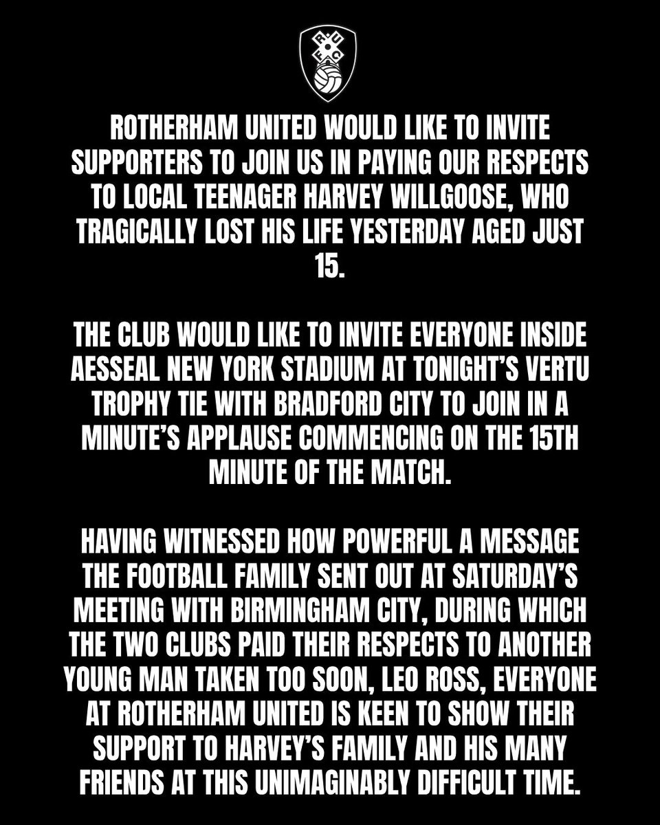 👏 | We would like everyone joining us at AESSEAL New York Stadium to join us in a minute's applause - commencing on the 𝟭𝟱𝘁𝗵 𝗺𝗶𝗻𝘂𝘁𝗲 of the match - as we pay our respects to local teenager, Harvey Willgoose, who tragically lost his life yesterday.