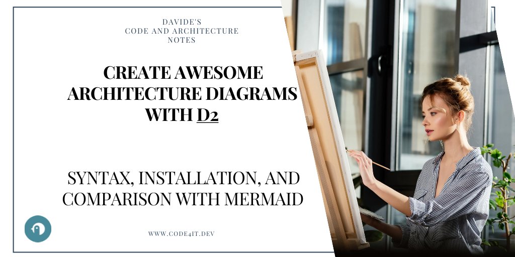 BelloneDavide's tweet photo. 🐧 D2 Diagrams: An Alternative to Mermaid🐧

Tired of #Mermaid?
My latest article dives into the world of D2 diagrams and shows you how to create your own!

Everything's defined as a text, but with more elements and ways to describe the #architecture

(link in the first comment) https://t.co/AlhJJ7FfYr