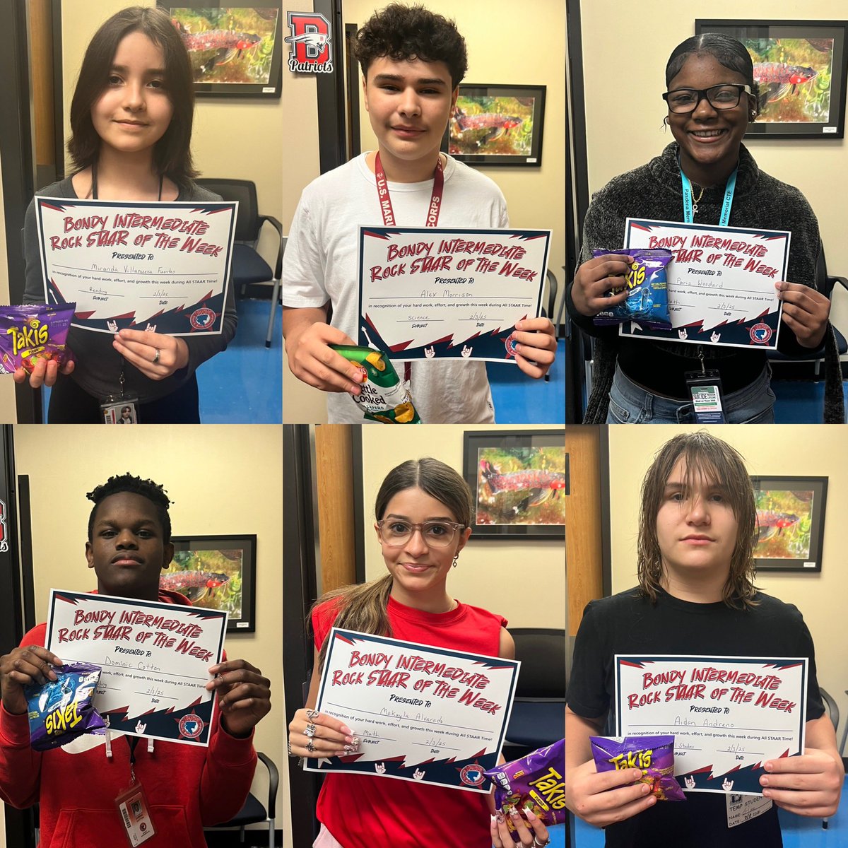 Congrats to our Rock STAARS of the Week who showed exceptional effort and growth during All STAAR Time! Way to go, Patriots! You can help us continue to motivate our students as they prepare for STAAR by purchasing items from our wish list at tinyurl.com/BondySTAARList 
#BondyProud