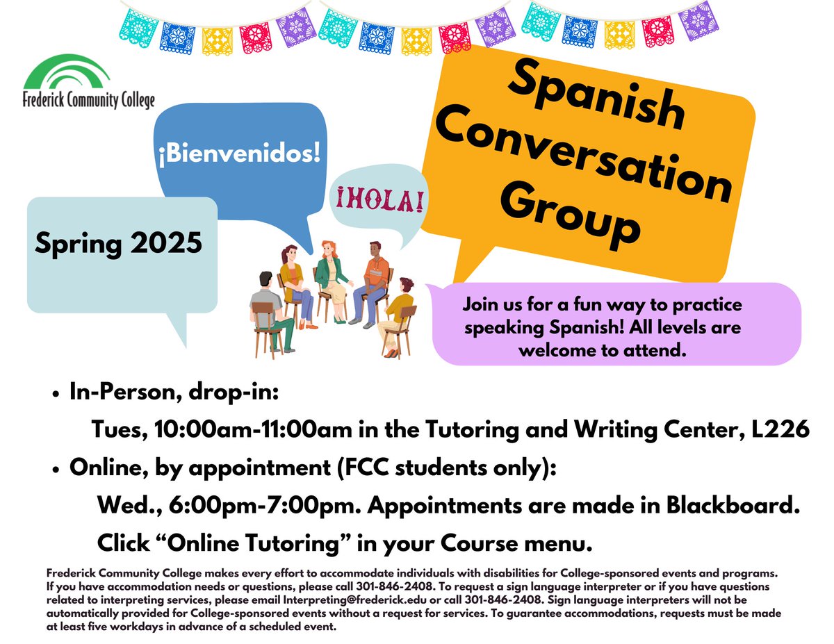 CommonsFcc's tweet photo. Are you learning Spanish? Come to the Spanish Conversation Group to practice speaking in a a relaxed, fun environment. All levels are welcome. For more information, see: https://t.co/aRY91Diz5E https://t.co/k9aKaBHk84
