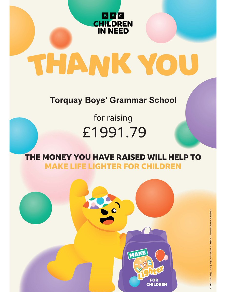 dare to give to a good cause.  Wow, many thanks to everyone who contributed to our Children in Need 2024 Mufti Day last term, nearly a total of £2,000 raised! #tbgs #childreninneed