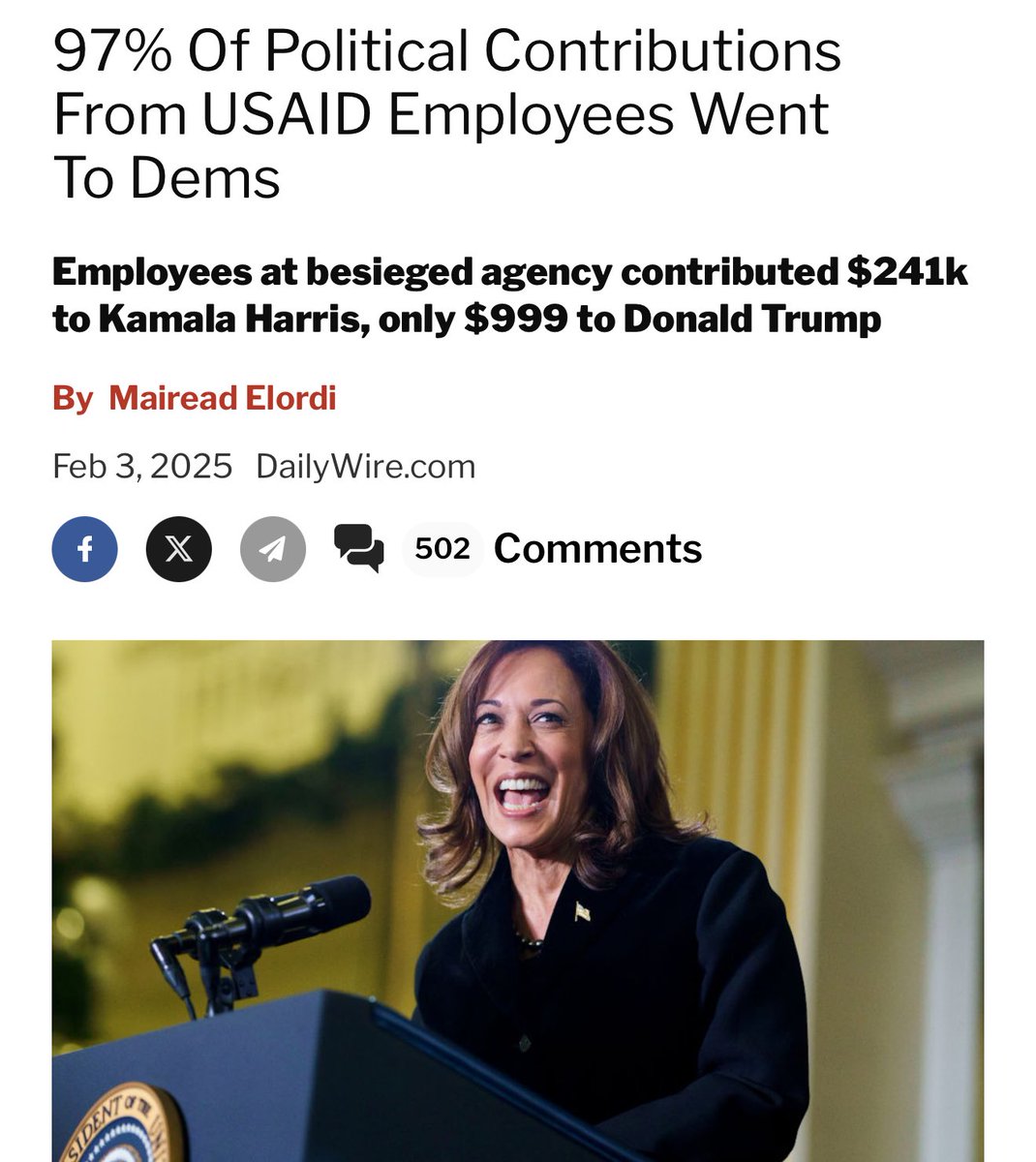 <a href="/bennyjohnson/">Benny Johnson</a> 97% of political contributions from USAID employees went to Democrats.

To say such a blatant political bias doesn’t affect their work is naive at best.

For example, lots of USAID funding has gone to DEI.