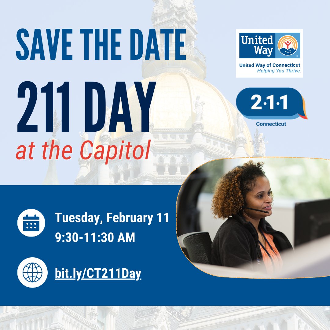 Did you know that with adequate funding, 211 could serve an additional 1,700 callers every week and the wait time would be less than three minutes? 

Join us at the Capitol on 2/11 to advocate for strengthening 211: ctunitedway.org/211-day-at-the…