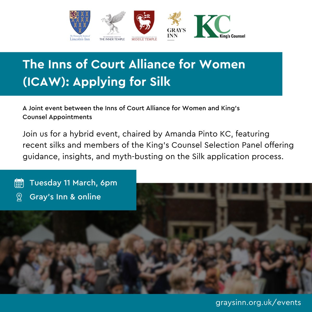 The Inns of Court Alliance for Women (@icaw_22) on Twitter photo Thinking of applying for silk? Book now for our March event!
We've teamed up with the KCA for a panel discussion looking at the process of applying for silk.
📅11 March, 6pm
👥Open to all
📍<a href="/HonSocGraysInn/">Gray's Inn</a> & Online
🎟️lnkd.in/ebMFrAVp Thinking of applying for silk? Book now for our March event!
We've teamed up with the KCA for a panel discussion looking at the process of applying for silk.
📅11 March, 6pm
👥Open to all
📍<a href="/HonSocGraysInn/">Gray's Inn</a> & Online
🎟️lnkd.in/ebMFrAVp