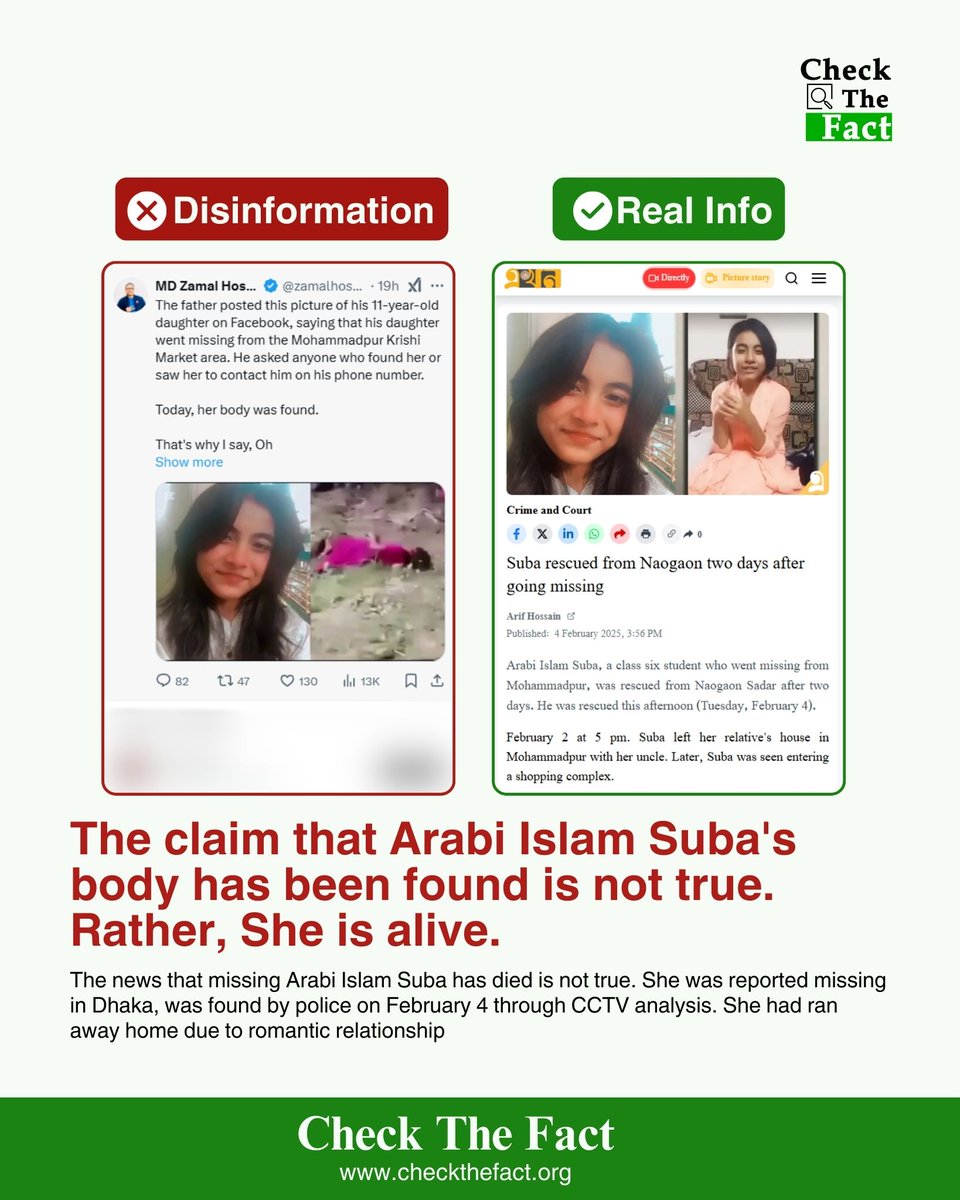 CheckTheFactOrg's tweet image. The claim that Arab Islam Suba's body has been found is not true. Rather, she is alive.

 She was reported missing in Dhaka, was found by police on February 4 through CCTV analysis. She had ran away home due to romantic relationship.
