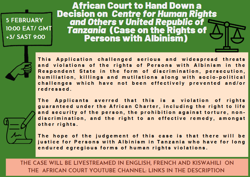 [Historic Judgment]

<a href="/court_afchpr/">African Court</a> is set to deliver a landmark judgment in the case of <a href="/CHR_HumanRights/">CentreForHumanRights</a> and Others v. United Republic of Tanzania - a crucial case on the rights of persons with albinism!

EN lnkd.in/dBcX8SGm
FR lnkd.in/d6U4JUDE