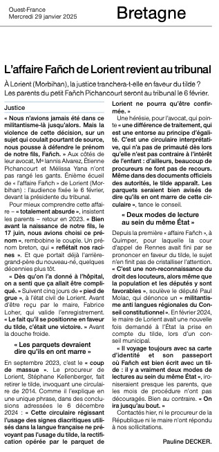 Un emgav a-bouez a-benn diriaou e-tal lezvarn An Oriant evit #Fañch !
Un rendez-vous important, jeudi, au tribunal de #Lorient pour Fañch !