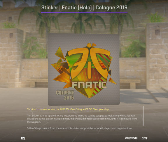 Ok let's giveaway this sticker.
Cologne 2016 Fnatic Holo

Like + retweet + follow me (i'll check)
Will be rolled in 1 week. GL!