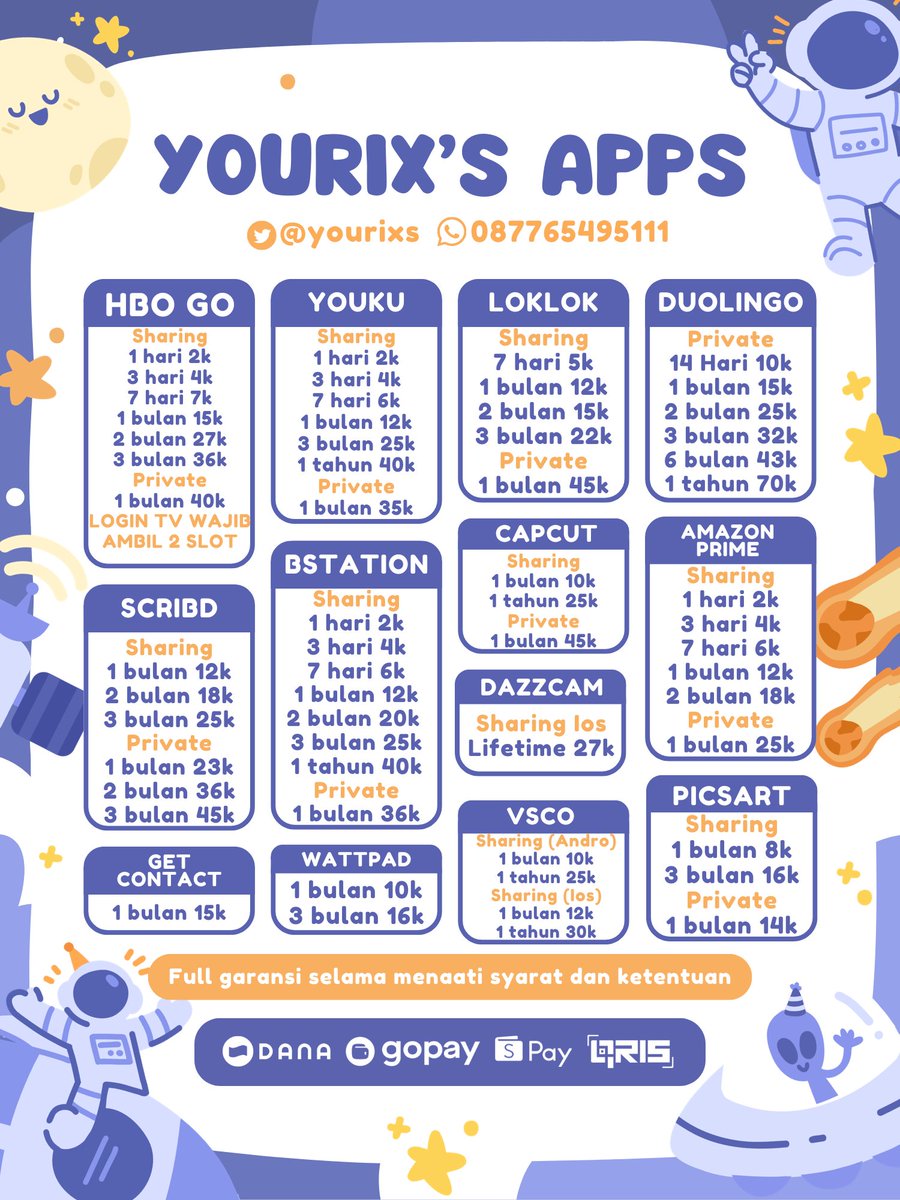yourixs's tweet photo. ⌢🩰 ࣪ ˖ ℋai kalian lagi nyari app premium yang 𝙩𝙧𝙪𝙨𝙩𝙚𝙙? udah pasti di @yourixs dong! harganya murce abiezz, 100% 𝖇𝖊𝖗𝖌𝖆𝖗𝖆𝖓𝖘𝖎, dan prosesnya cepet banget! 𝅄ׁ ˳ ৻ꪆ

💰 payment all e-wallet &amp; qris
💌 dm @yourixs or https://t.co/fV5ytt1Eew https://t.co/v1zP72cgbm