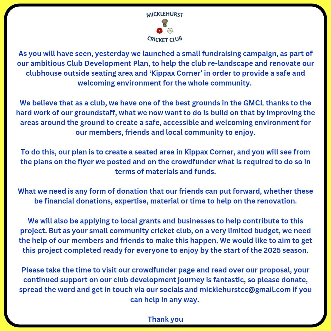 crowdfunder.co.uk/p/micklehurst-…

Any help is greatly appreciated
Upthemick 🏏🏏