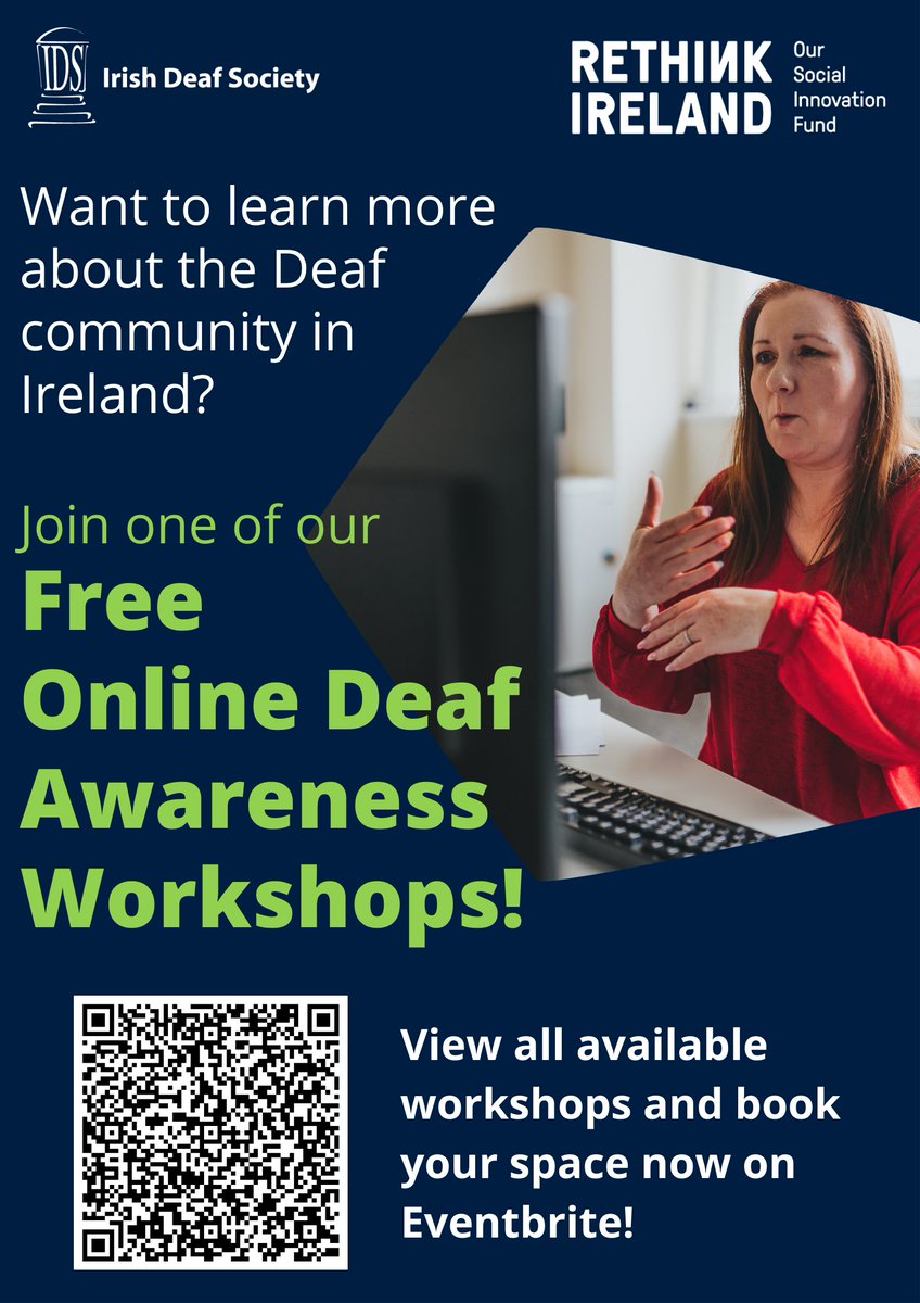 Interested in learning about the Deaf community in Ireland?

Join our FREE online Deaf Awareness Workshops, funded by @RethinkIreland! Led by experienced Deaf presenters, these sessions cover ISL, Deaf culture, communication tips &amp; more.

Book now: bit.ly/4hoHUTP