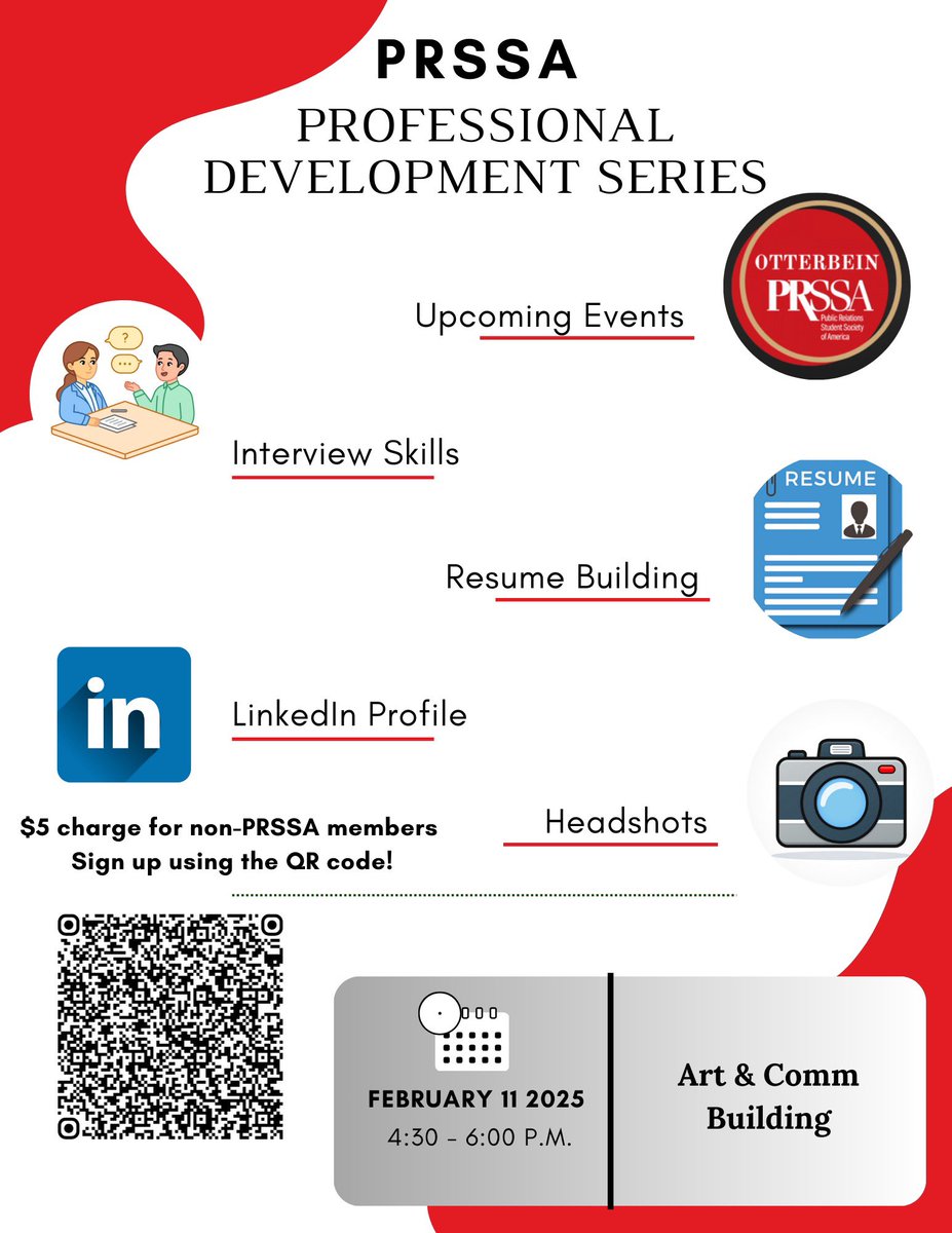 Join PRSSA on February 11th for our Professional Development Series! Learn about upcoming events, get your headshot taken, and more. Meet us at 4:30 in the Art &amp; Comm building! 
#otterbeinprssa #gocards