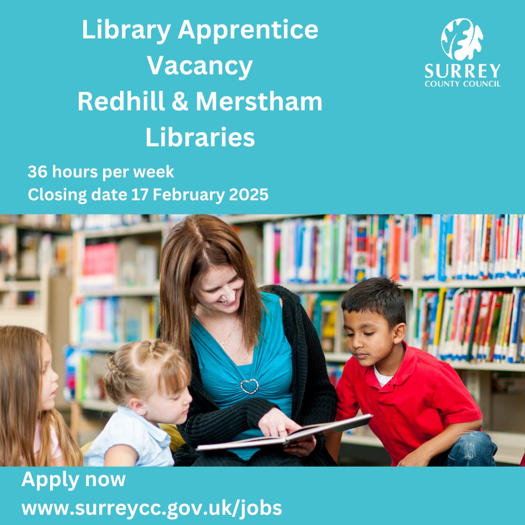 RedhillLibrary's tweet image. We're recruiting a Library Apprentice based at Redhill & Merstham Libraries! 18-month fixed term resulting in a qualification equivalent of 2 A-Levels. Closing 17 Feb 2025. For more information, please see: tinyurl.com/RDLibraryAppre…