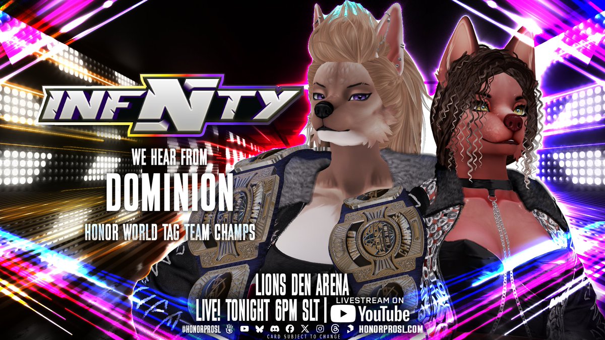 INFINITY is LIVE TONIGHT featuring...
---------------
🏆THE DOMINION🏆
take center stage!
----------------
Show starts at 6pmSLT🔔
See you there fight fans! 🤼

#SecondLife LM:📌
maps.secondlife.com/secondlife/Ser…
