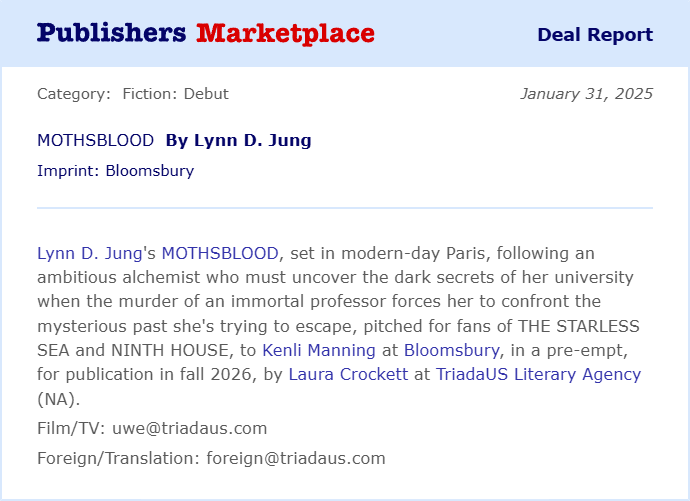 Congratulations to Lynn D. Jung on the sale of MOTHSBLOOD! #TeamTriada