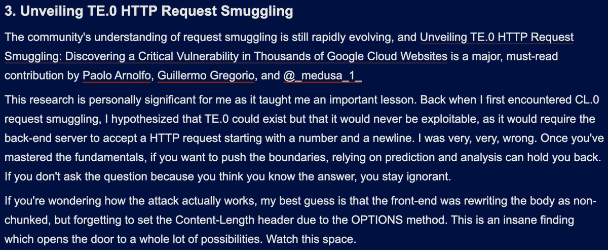 Huge news! Our research just ranked #3 in <a href="/PortSwigger/">PortSwigger</a>’s Top Web Hacking Techniques of the Year! 🎉

Biggest lesson: ever assume something isn’t exploitable—test it. Smuggling attacks are far from dead!

Massive thanks to my research partners <a href="/bsysop/">bsysop</a> &amp; <a href="/_medusa_1_/">Medusa</a>  🙌

#bugbounty