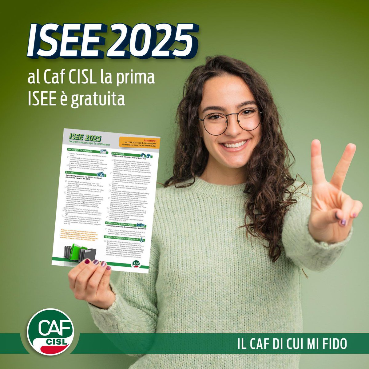 Lo sapevi?
Al Caf CISL sono GRATIS per le famiglie:
✅ la prima ISEE
✅ ISEE corrente
✅ ISEE per variazione del nucleo familiare

Le DSU/ISEE successive -non più rimborsate da INPS- sono gratis per famiglie con almeno un iscritto CISL, a pagamento per i non iscritti